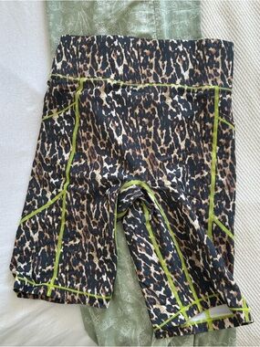 Leopard Print Athletic Bike Shorts with Neon Green Stitching